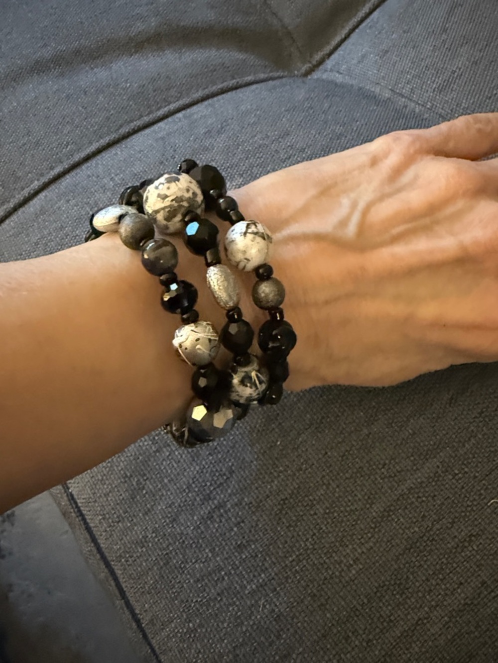 Stretchy Wrap Bracelet with Faceted Black, Crystal,& Silver-tone Beads.